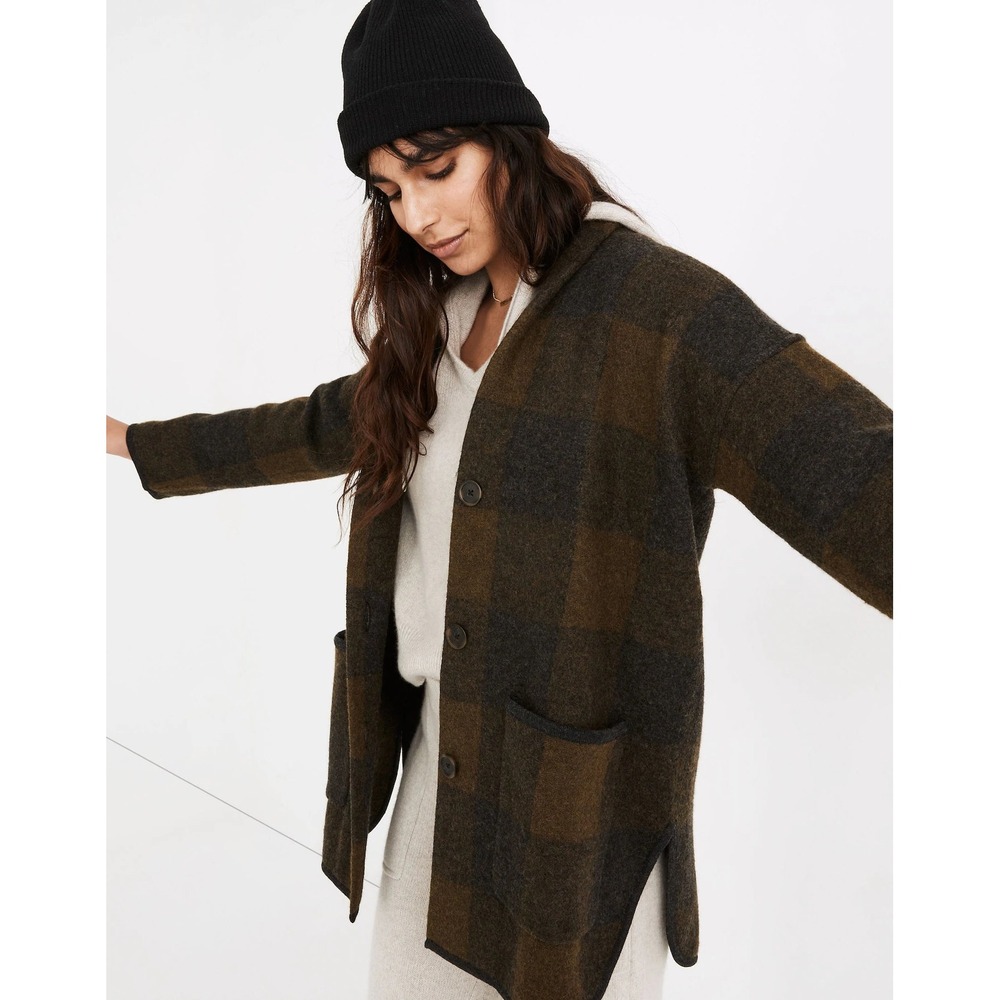 Madewell Buffalo Check Sweater Coat Plaid 100% Merino Wool Button Front Pocket